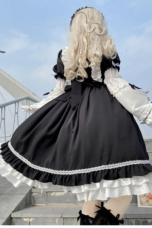 Black/White Ruffled Long Sleeves Detachable Trumpet Sleeves High Waisted Sweet Lolita OP Dress - Product - 4