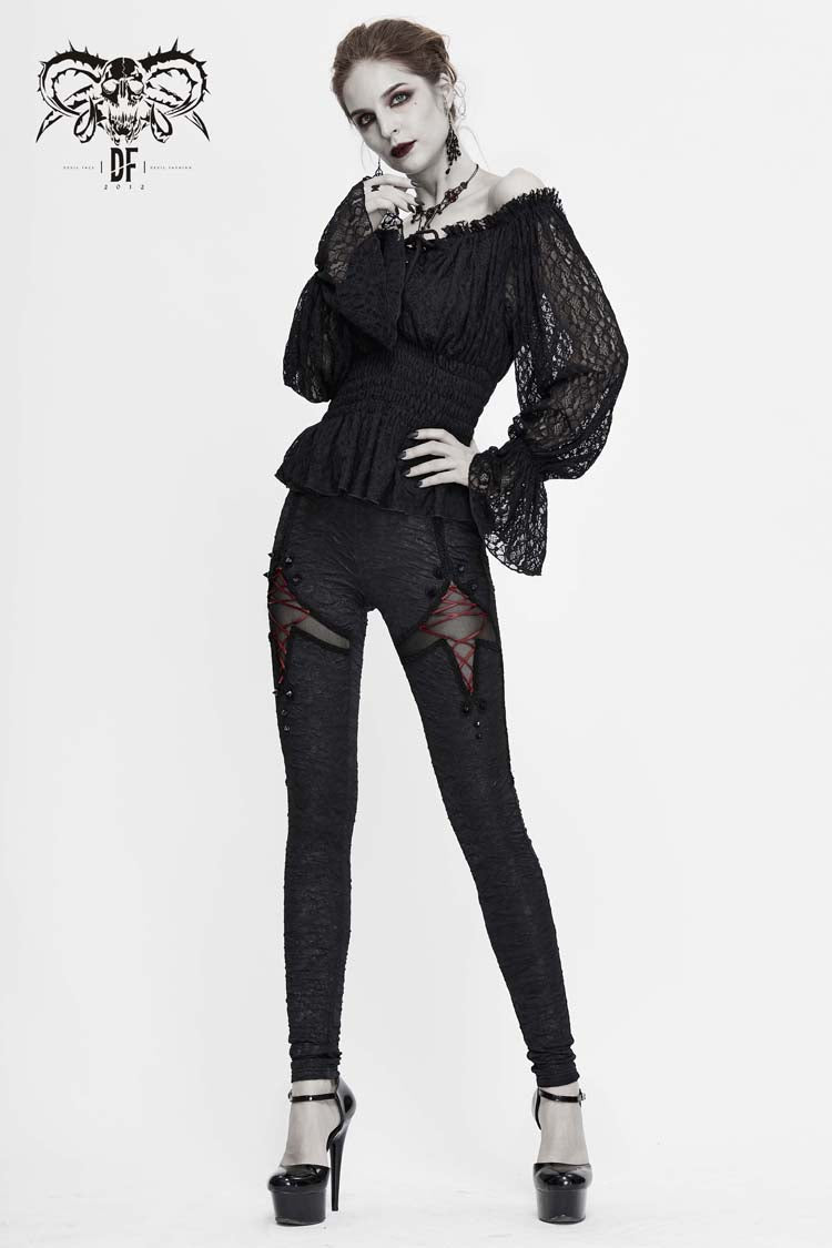 Black Off Shoulder Long Sleeves Ruffle Lace Women's Gothic Blouse - Product - 3