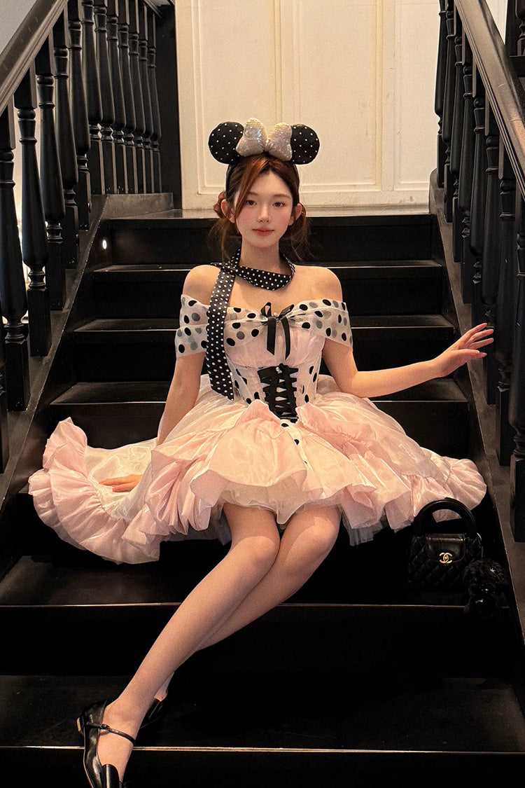 Pink [Polka Dot × Gown Coronation] Sleeveless Printed Ruffled Bow Lace-Up Princess Gorgeous Sweet Lolita Dress - Product - 6