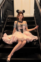 Pink [Polka Dot × Gown Coronation] Sleeveless Printed Ruffled Bow Lace-Up Princess Gorgeous Sweet Lolita Dress - Product - 6