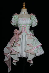 [Spring Overture] Square Collar Short Sleeves Ruffle Cardigan Bowknot Lace Sweet Elegant Lolita Skirt Set 4 Colors - Green - 10