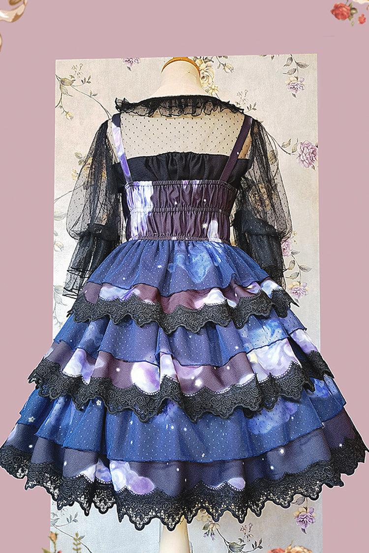 Blue Triple-Layered Clouds Print Ruffle Stitching Lace Sweet Lolita Dress - Product - 5