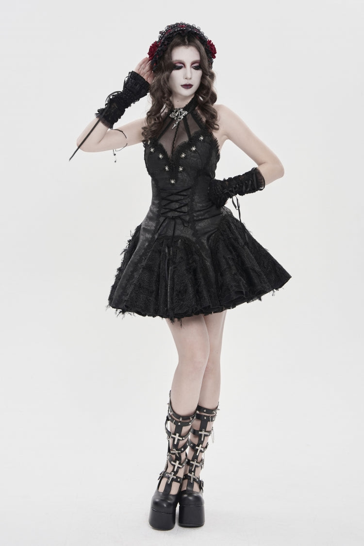 Black Off Shoulder Sleeveless Printed Spliced Lace Lace-Up Pleated Women's Gothic Dress - Black - 7