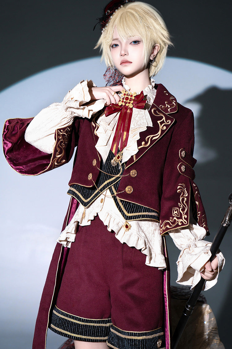 Red [Royal Heir] Embroidery Classic Military Gorgeous Handsome Ouji Lolita Coat Blouse Shorts Set - Product - 8