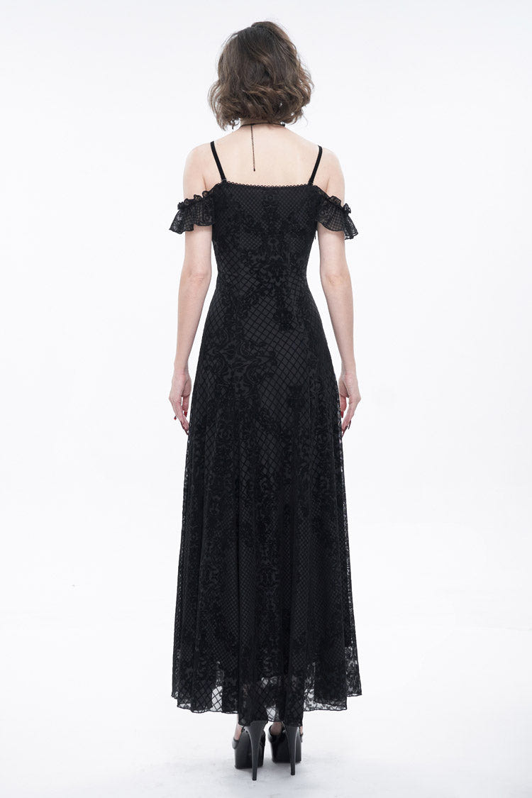 Black Velvet Lace Off Shoulder Ruffled Double Layer Slit Women's Gothic Dresses - Product - 7