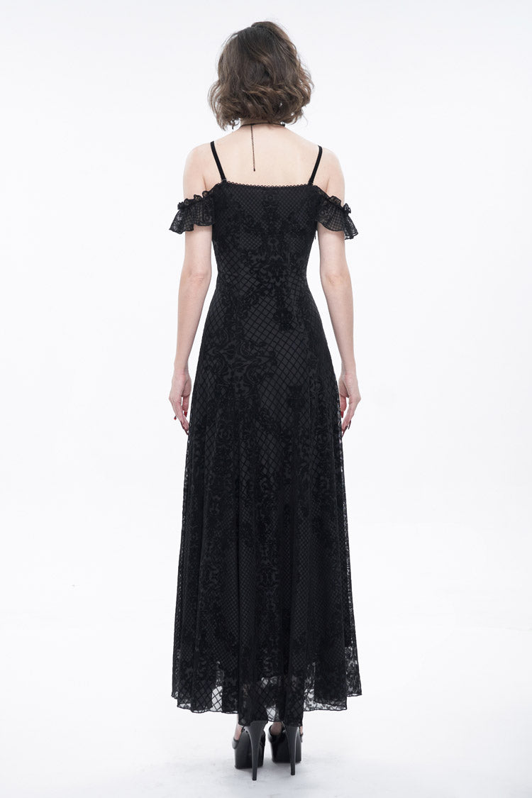 Black Velvet Lace Off Shoulder Ruffled Double Layer Slit Women's Gothic Dresses - Product - 7