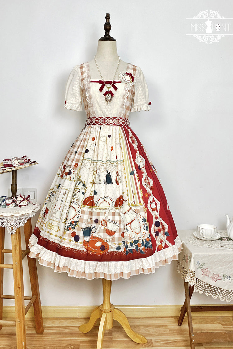 Red [Tea Party] Short Sleeves Print Ruffle Bowknot Lace Sweet Elegant Lolita Dress - Product - 5