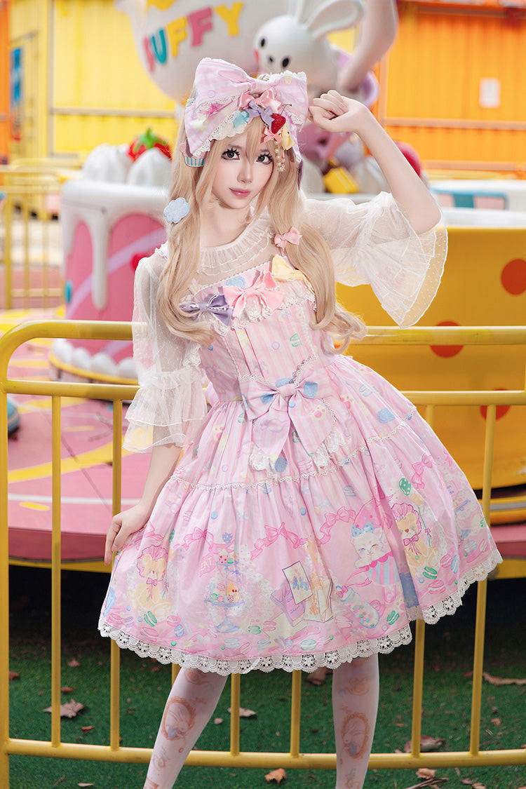 ピンク [Macarons Dolly House] スクエアカラー ノースリーブ プリント リボン スウィートロリータ ジャンパースカート（JSK） 商品画像