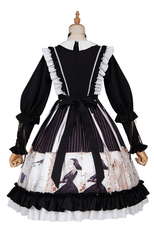 Black/White Dark Gold Hymn Bowknot Square Collar Long Sleeves Cardigan Ruffled Gothic Lolita OP Dress - Product - 7