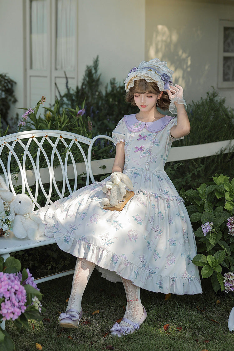 [Breezy Summer Blossoms] Peter Pan Collar Short Sleeves Jacquard Printed Ruffled Embroidered Bow Sweet Lolita Dress 2 Colors (Yellow, Purple) - Product - 22