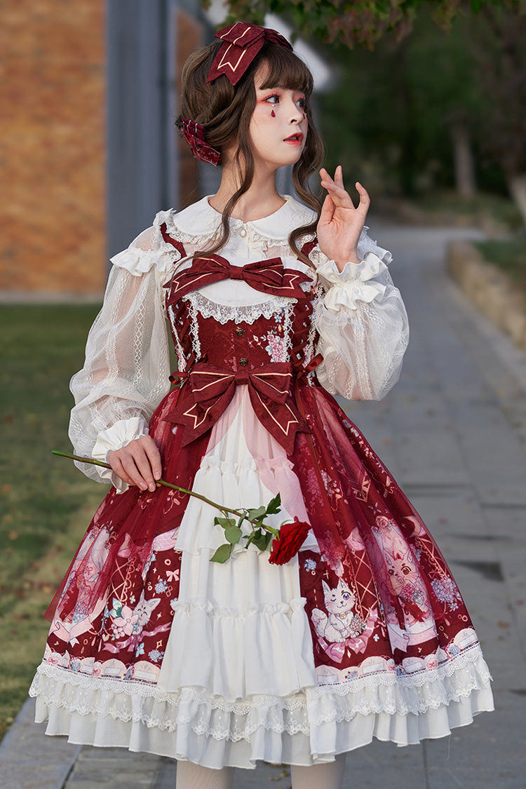 アライグマ紫陽花プリント切り替えリボンフリル花嫁風ティアードスウィートロリータジャンパースカート（JSK） 商品画像