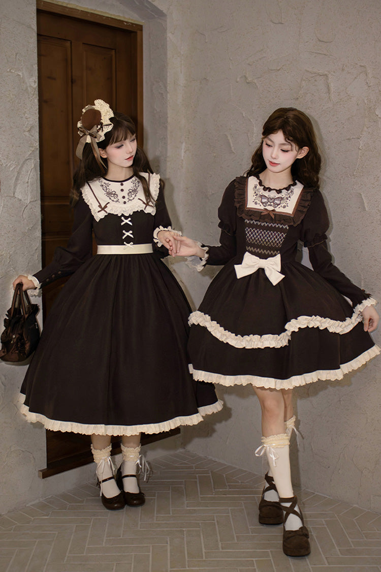 Brown [Miss Brown] Long Sleeves Double-Layered Ruffle Bouquet Embroidery Bowknot Sweet Lolita Dress (Short Version) - Product - 10