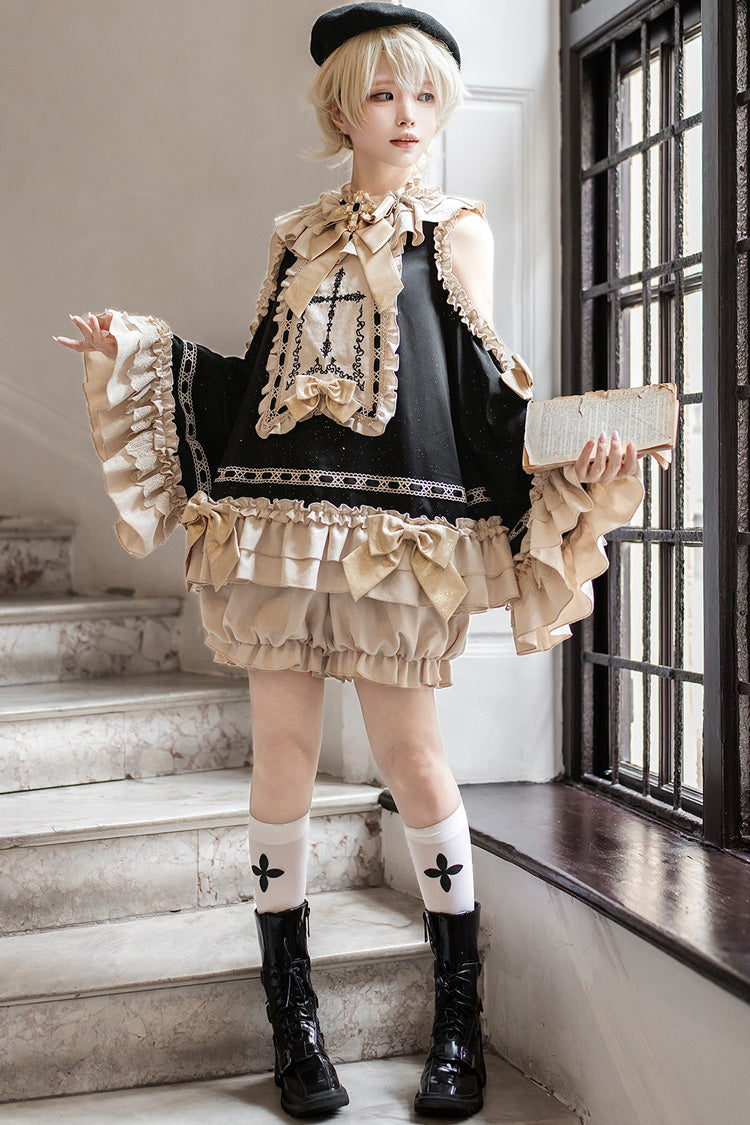 Black/Gold [Saint Child of the Cross] Round Collar Off Shoulder Long Trumpet Sleeves Ruffled Bow Gothic College Style Ouji Lolita Set - Product - 13