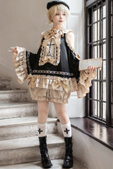 Black/Gold [Saint Child of the Cross] Round Collar Off Shoulder Long Trumpet Sleeves Ruffled Bow Gothic College Style Ouji Lolita Set - Product - 13
