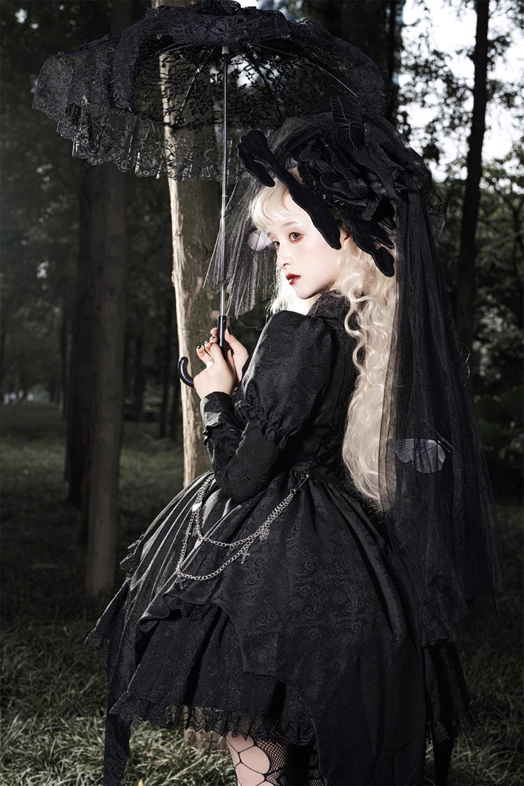 Black Dark Night Law Long Sleeves High Waisted Cardigan Bowknot Lace Gothic Lolita Dress - Product - 10