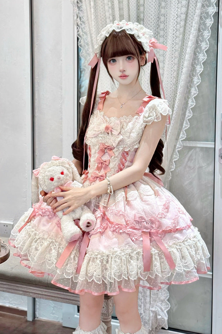 Pink [Dreaming Butterfly] Multi-Layered Jacquard Ruffle Bowknot Lace Sweet Princess Lolita Jsk Dress - Product - 5