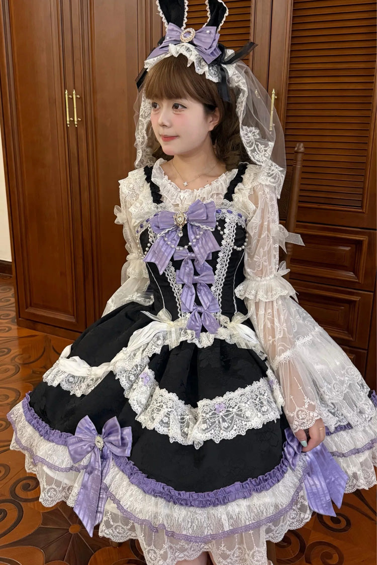 Black/Purple [Prelude of Ribbons] Square Collar Sleeveless Jacquard Ruffled Open-Front Bow Lace Pearl Detail Floral Wall Plus Size Sweet Lolita Jsk Dress - Product - 5