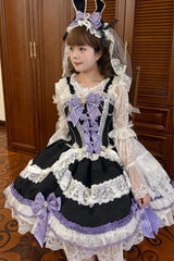 Black/Purple [Prelude of Ribbons] Square Collar Sleeveless Jacquard Ruffled Open-Front Bow Lace Pearl Detail Floral Wall Plus Size Sweet Lolita Jsk Dress - Product - 5
