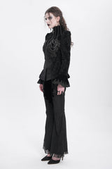 Black Stand Collar Long Trumpet Sleeves Embroidery Women's Gothic Jacket - Product - 4