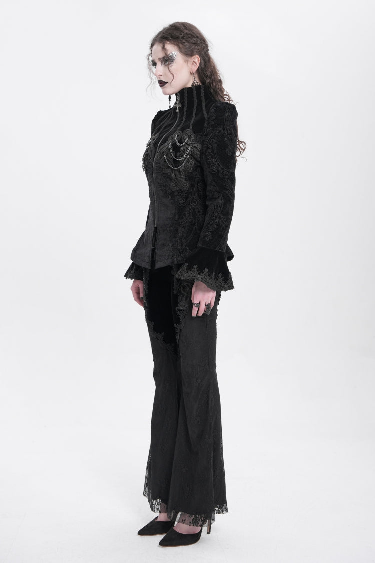 Black Stand Collar Long Trumpet Sleeves Embroidery Women's Gothic Jacket - Product - 4