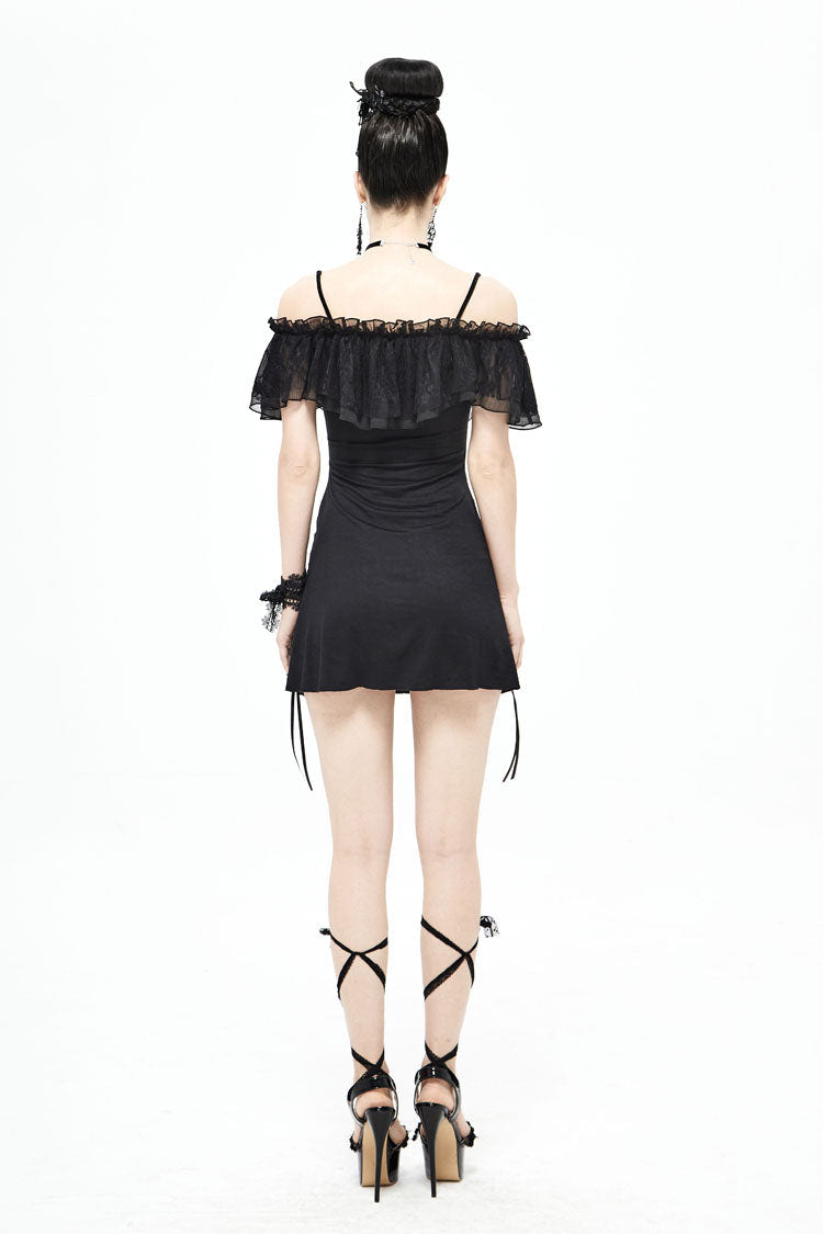 Black Lace Up Off Shoulder Chest Frilly Side Women's Punk T-Shirt - Product - 5