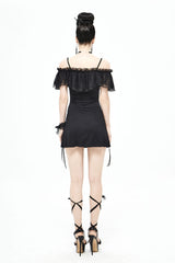 Black Lace Up Off Shoulder Chest Frilly Side Women's Punk T-Shirt - Product - 5