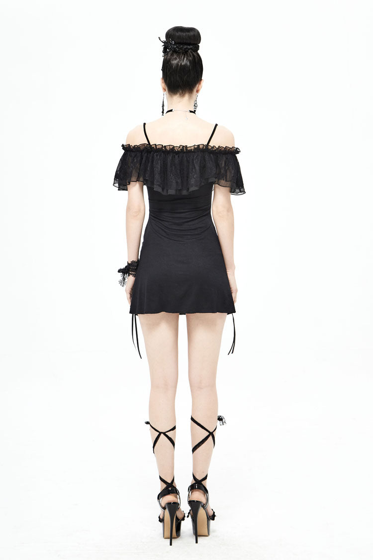 Black Lace Up Off Shoulder Chest Frilly Side Women's Punk T-Shirt - Product - 5