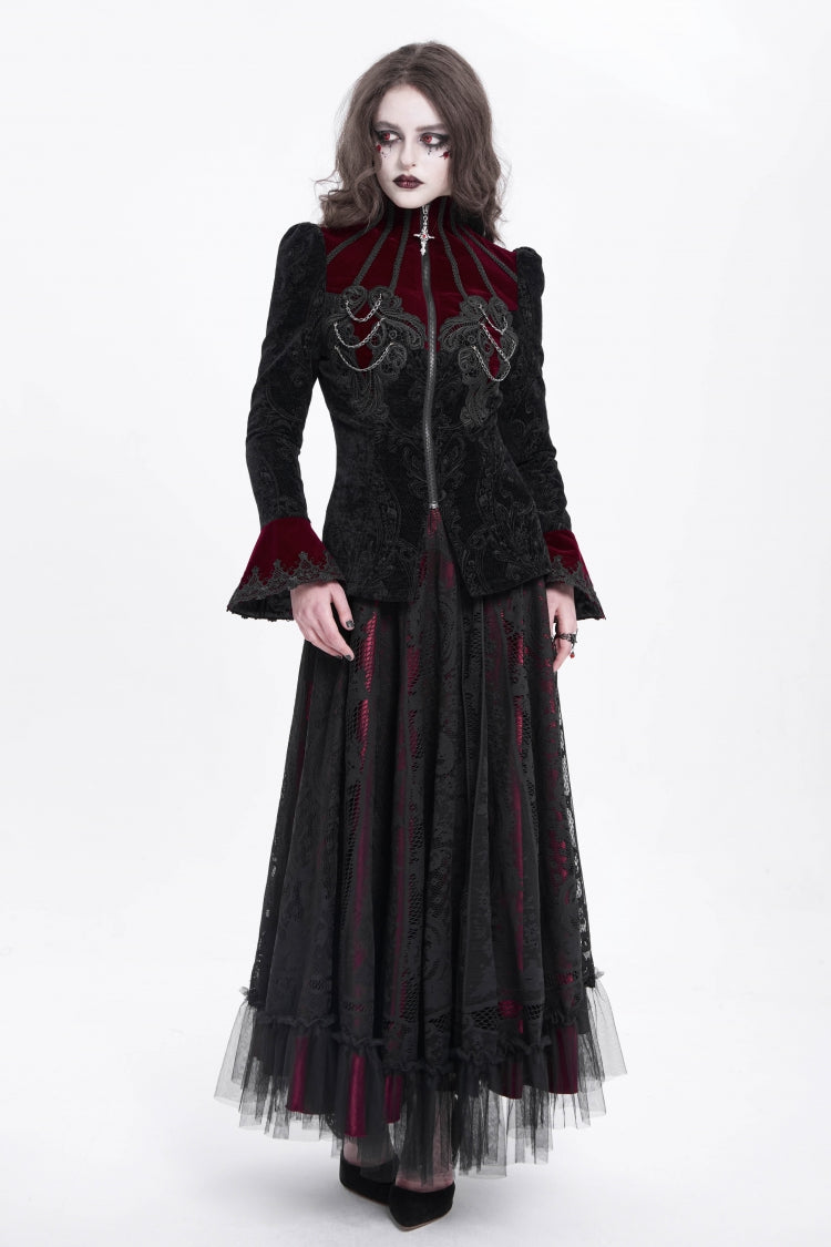 Black/Red Stand Collar Long Trumpet Sleeves Embroidery Women's Gothic Jacket - Product - 9