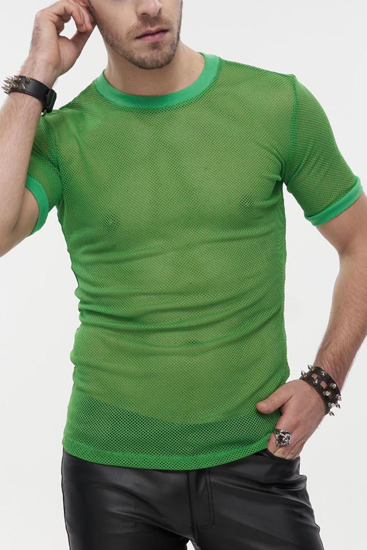 Green Gothic Crew Neck Diamond-Shaped Net Hyperelastic Short Sleeve Men's T-Shirt - Green - 1