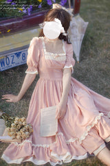 Pink Square Collar Short Puff Sleeves Ruffle Embroidery Sweet Elegant Lolita Dress - Product - 6