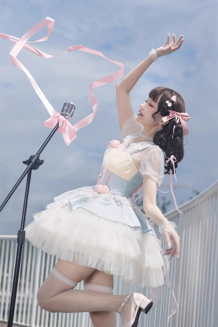 Blue/Pink Rose Peach Wine Sleeveless Multi-layer Ballet Style Sweet Lolita Jsk Dress - Product - 11