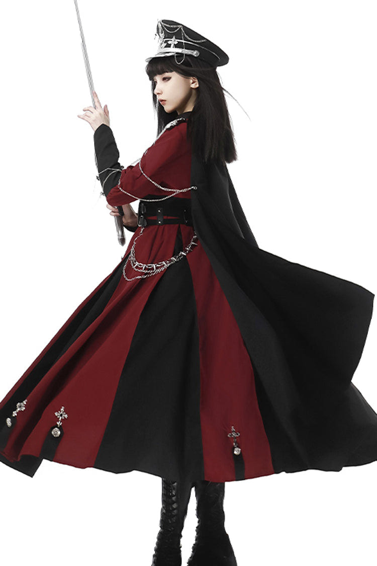 Red/Black [Scarlet Night Knight] Metal Chain Print Bowknot Gothic Military Elegant Lolita Dress - Product - 7