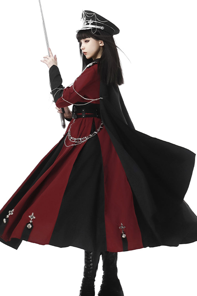 Red/Black [Scarlet Night Knight] Metal Chain Print Bowknot Gothic Military Elegant Lolita Dress - Product - 7