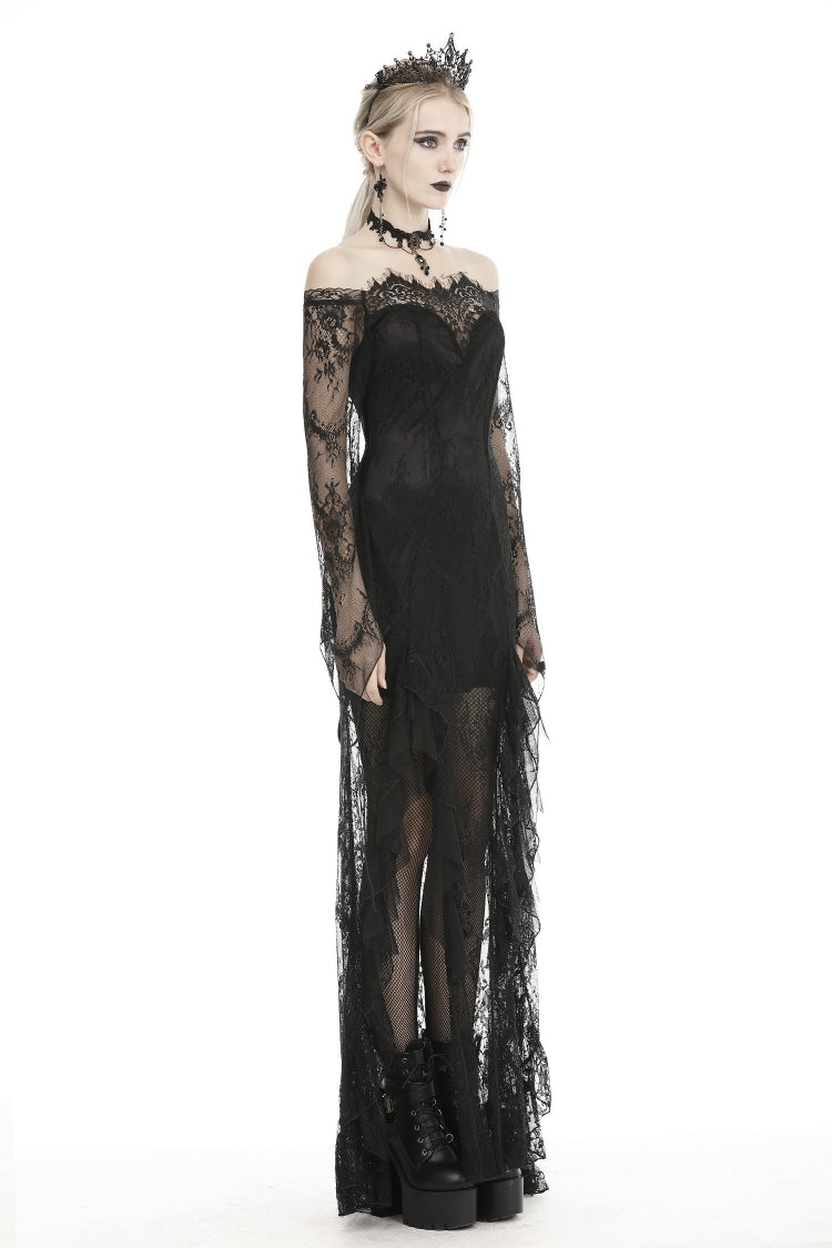 Black Off Shoulder Long Sleeves Lace Lace-Up Women's Gothic Mermaid Wedding Dress - Product - 2