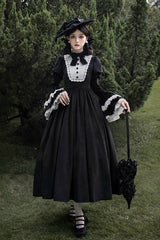 Black [Sleepless Night] Long Hime Sleeves Ruffle Bowknot Gothic Lolita Dress - Black - 1