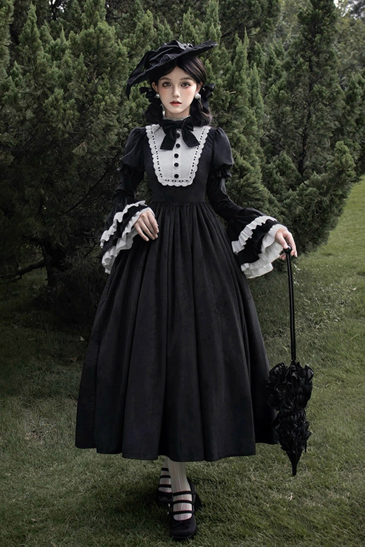 Black [Sleepless Night] Long Hime Sleeves Ruffle Bowknot Gothic Lolita Dress - Black - 1