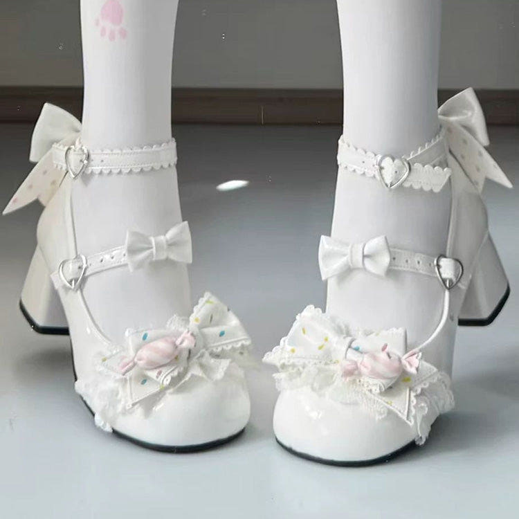 Bowknot Frills Lace-Up Sweet Lolita High Heel Shoes 3 Colors - White - 1