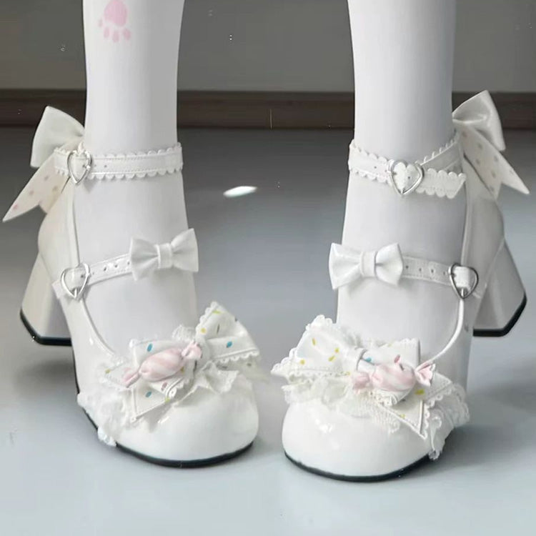 Bowknot Frills Lace-Up Sweet Lolita High Heel Shoes 3 Colors - White - 1