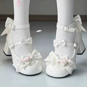 Bowknot Frills Lace-Up Sweet Lolita High Heel Shoes 3 Colors - White - 1