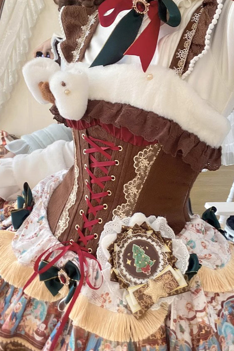 Brown [Candy House] Multi-Layered Print Ruffle Bowknot Lace-Up Sweet Ballet Lolita Jsk Dress - Product - 3