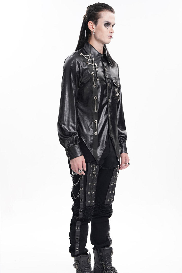Black Long Sleeves Chain Eyelets Skull Men's Gothic Blouse - Product - 8