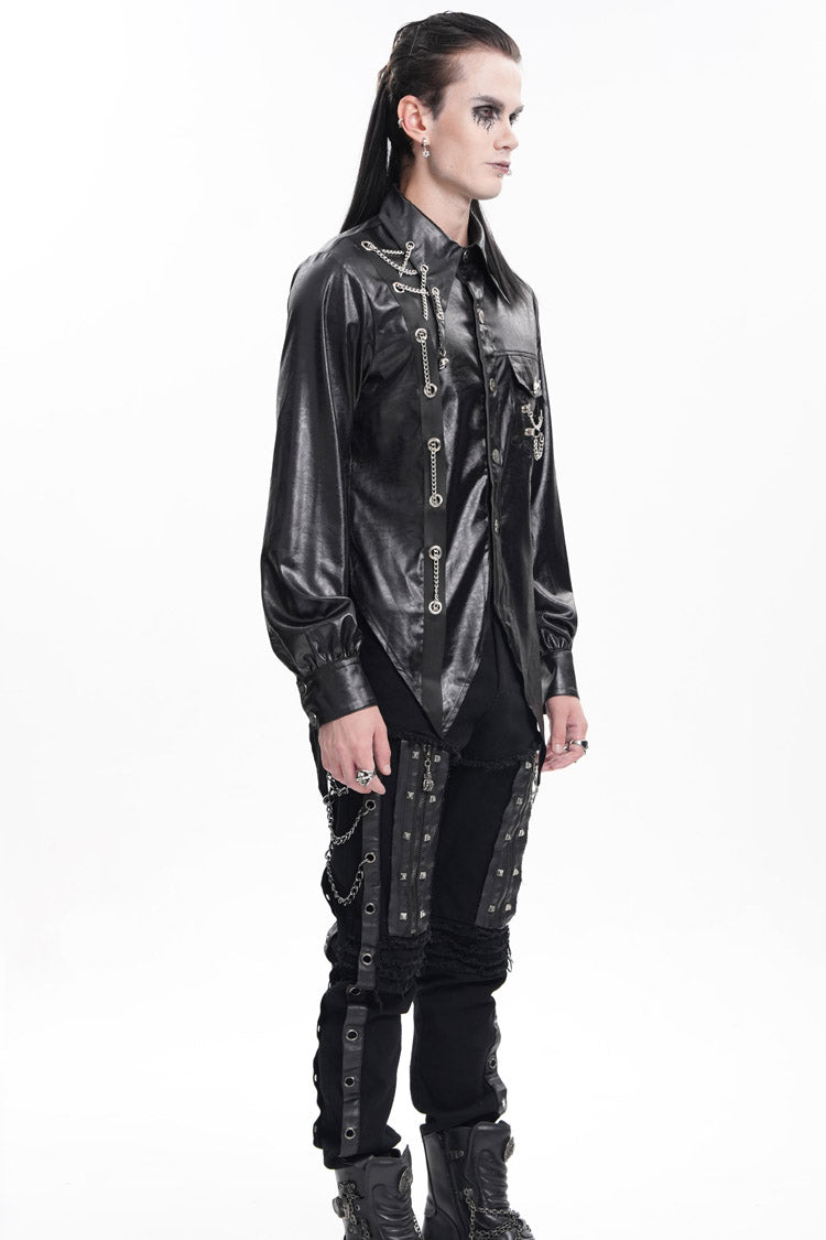 Black Long Sleeves Chain Eyelets Skull Men's Gothic Blouse - Product - 8