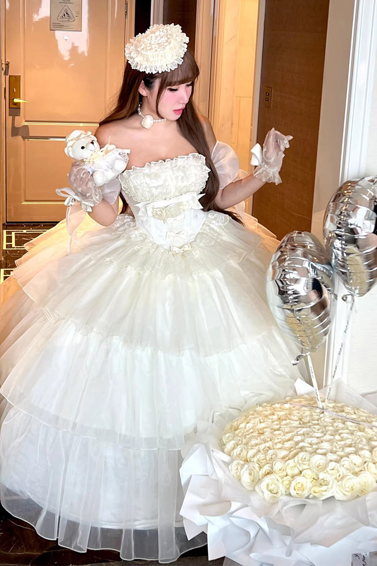 Beige [Mousse Serenade] Triple-Layered Ruffled Hanayome Bow Lace Sweet Princess Lolita Strapless Dress - Product - 10