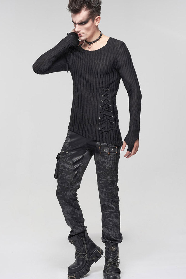 Black Gothic Asymmetry Drawstring Decoration Coarse Net Men's Shirt - Product - 7
