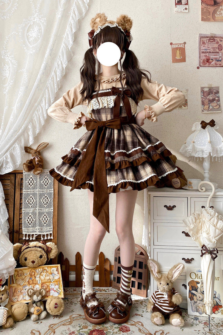 Brown Sleeveless Double-Layered Plaid Print Ruffle Bowknot Lace Sweet Lolita Jsk Dress - Product - 9