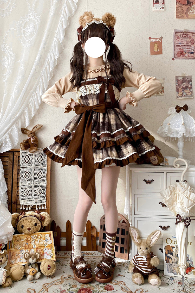 Brown Sleeveless Double-Layered Plaid Print Ruffle Bowknot Lace Sweet Lolita Jsk Dress - Product - 9