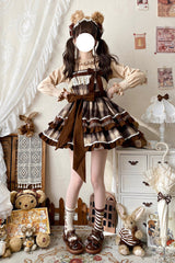 Brown Sleeveless Double-Layered Plaid Print Ruffle Bowknot Lace Sweet Lolita Jsk Dress - Product - 9