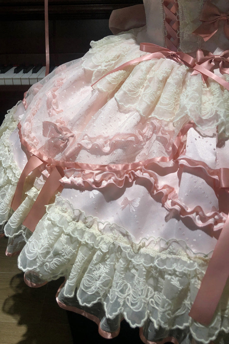 Pink [Dreaming Butterfly] Multi-Layered Jacquard Ruffle Bowknot Lace Sweet Princess Lolita Jsk Dress - Product - 11
