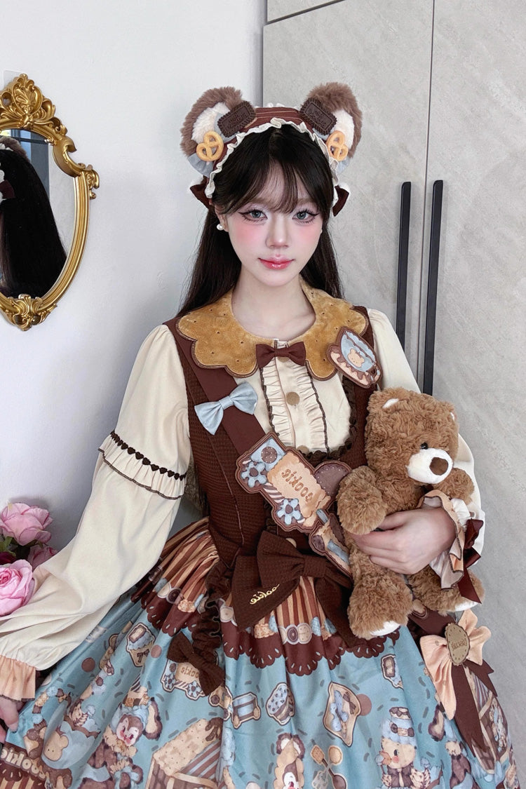 [Bear Cookies] Print Ruffle Bowknot Sweet Lolita JSK Dress 2 Colors - Product - 6