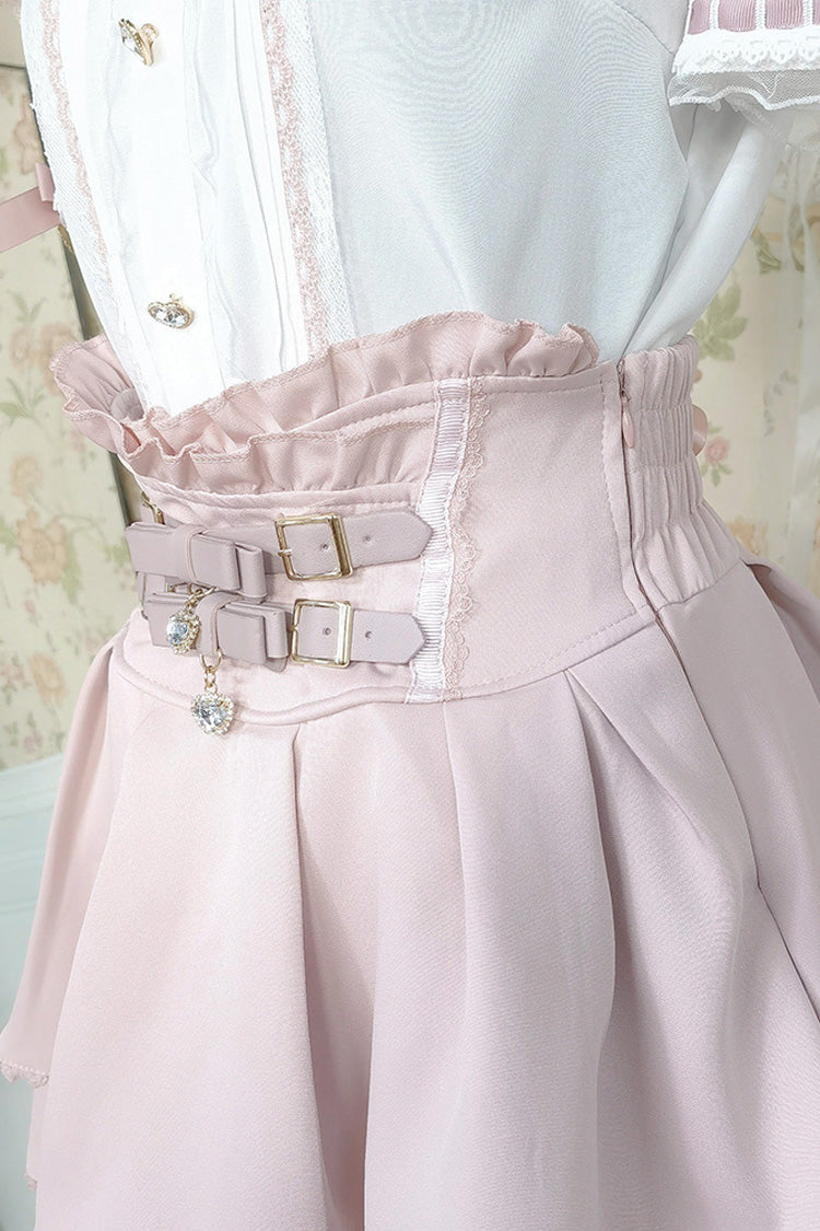 White/Pink Lapel Collar Short Sleeves Double-Layered Ruffle Bowknot Sweet Jirai Kei Set - Product - 6